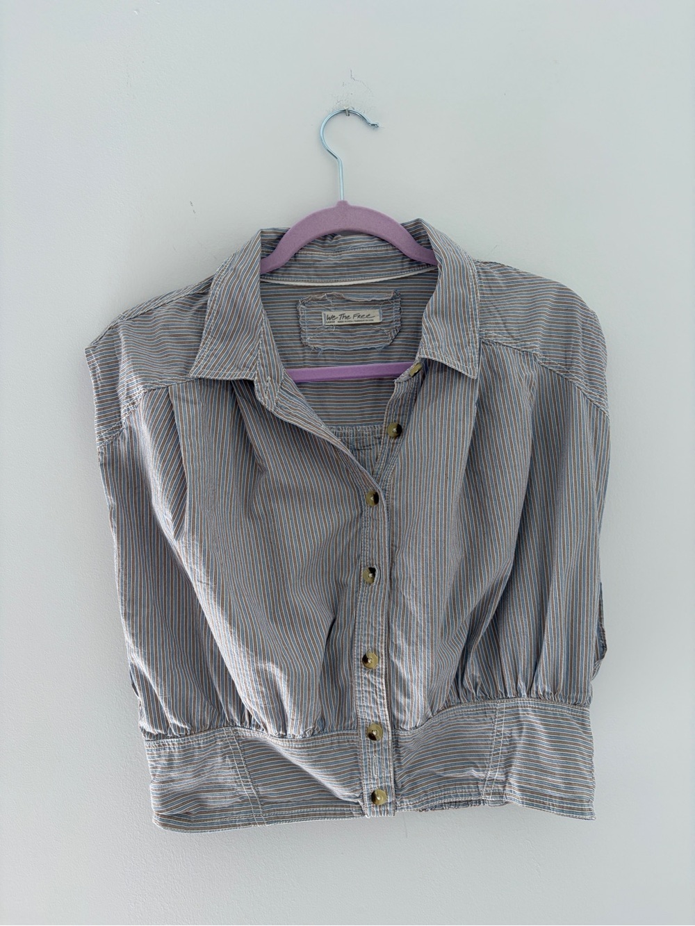 Free People Striped Crop Button-Up Top in Light Blue and White